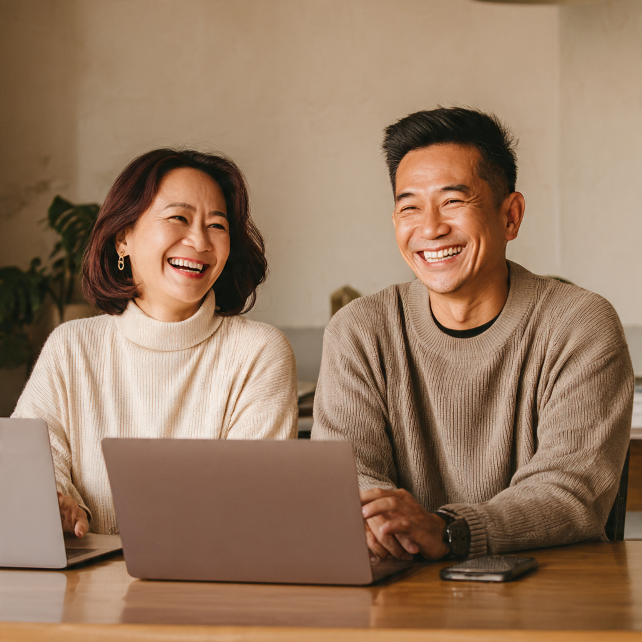 Two people smiling and learning together over laptops