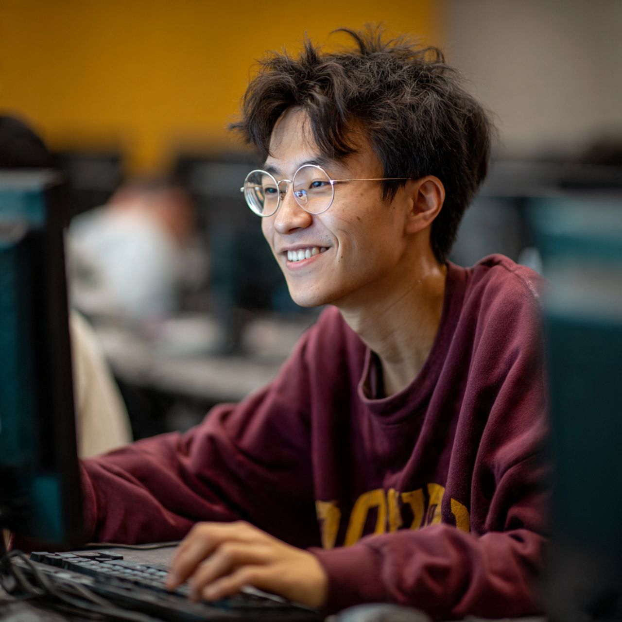 Young learner smiling while using a computer