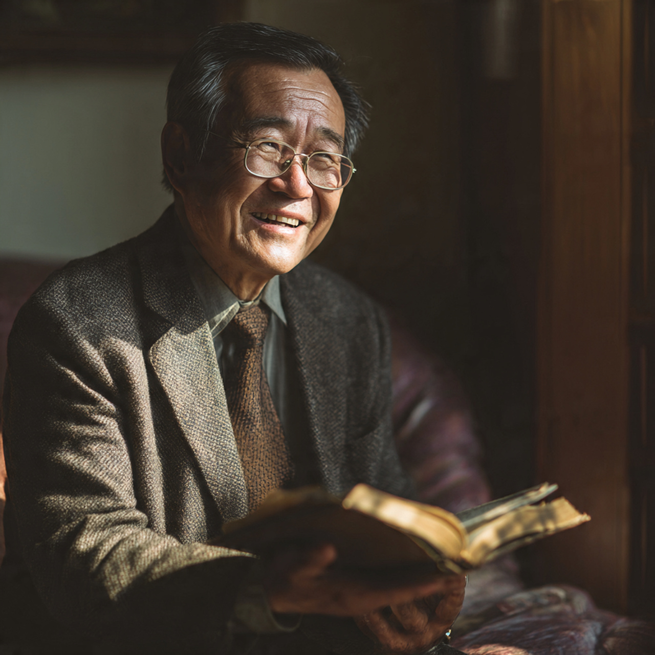 Older adult joyfully reading with warm light