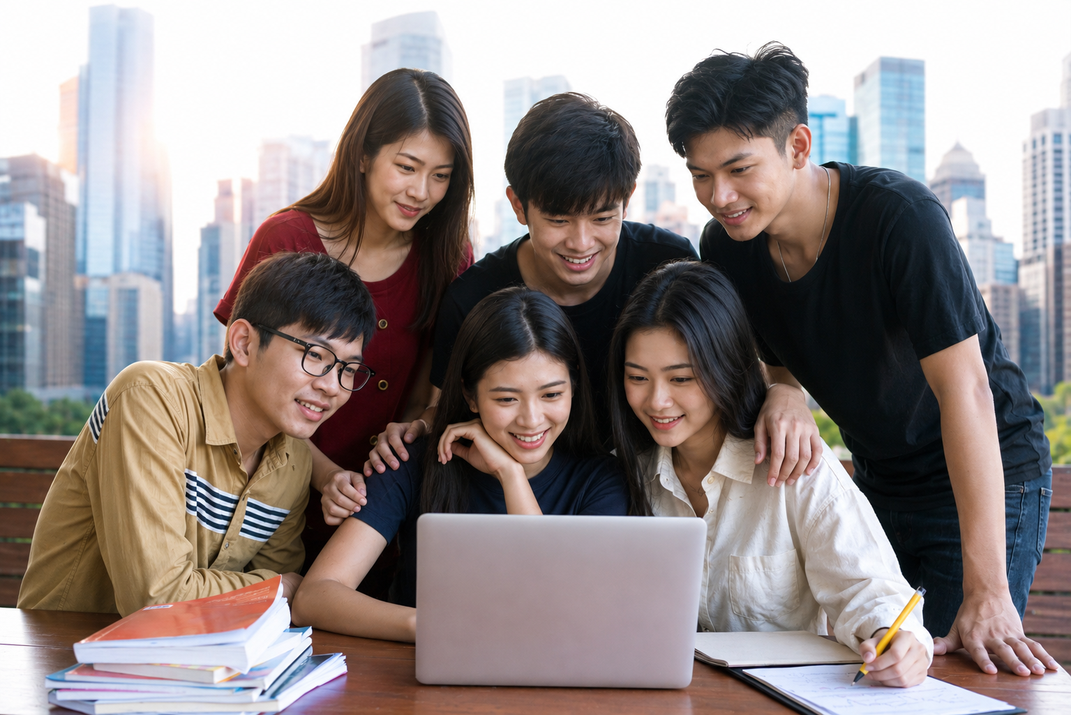 Young people gathered around a laptop learning AI together
